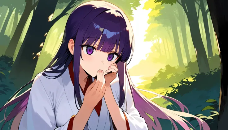 score_9, score_8_up, score_7_up, best quality, 1 lady, black long long hair, purple slant eyes, staring,white kimono hakama,, one hand on mouth, forest, Twilight