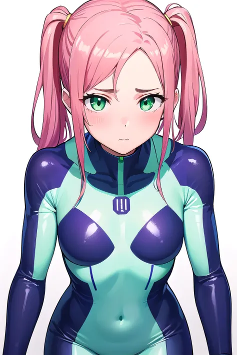 1girl,Samus aran,solo,green eyes, pink hair, forehead   hair, zero suit ,purple stripes,cowboy shot,blush,,Science fiction,ultra-detailed,sharp focus,aesthetic,(best quality), white background