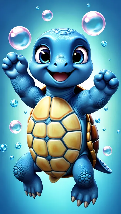 cute blue turtle, cartoon , arms, hands ,cute eyes, looking at viewer, arms up, bubbles, beaech