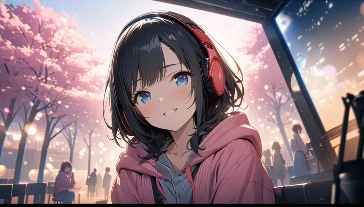 ((ultra-detailed))/(one women with short black hair and bob hair.、beautiful blue eyes,.、smile、gentle smile on her face、flat chest, one Beautiful girl,((masterpiece, illustration, best quality) ((ultra-detailed))/)Masterpiece,wearing headphones and sitting ...