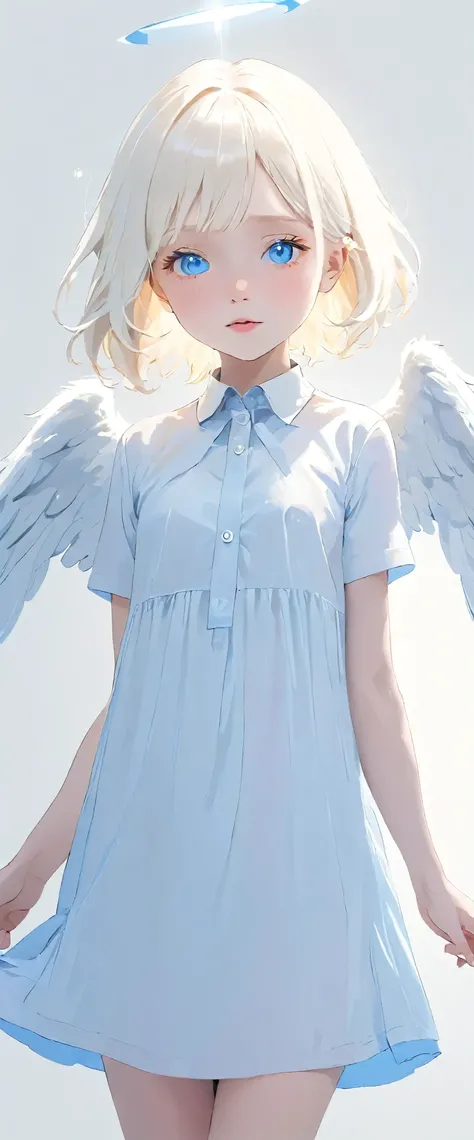 (((White Background:1.3)))、(((One albino woman、Cute Face、Cute Woman、Angelの羽、Angel))), ,(((The eyes are light blue:1.3)))、White Dress、((White shirt:1.3、White Block Dress)), Tyndall effect, Realistic, Shadow Studio,ultramarine、illumination, デュアルトーンilluminati...