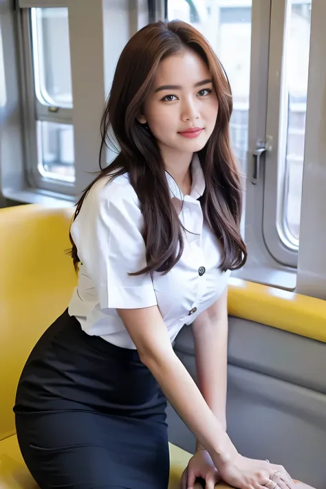 Close up,1 girl{{A beautiful woman wearing a white short-sleeved shirt and a short black pencil skirt}} , Standing holding onto the train rail, on the train, the background is a train window with yellow seats.