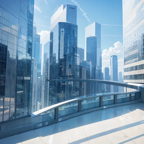 landscape, no human, looking down glass walled skyscrapers, bluesky, sunshine. morning