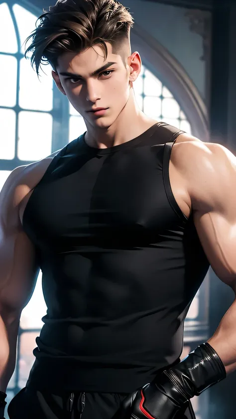 A handsome boy about 1, high school, Masterpiece, 8k, HDR, Wonderful, boy about 1, handsome, sharp gaze, standing, comma hairstyle, wearing a tank top that shows off his muscles, ideal height, wearing fighter style gloves, fighter pose