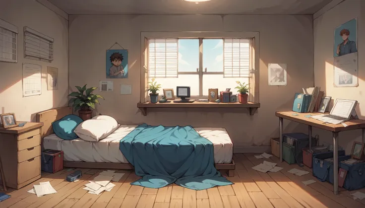 "A slightly messy teenage boys bedroom, designed for a visual novel setting. The room features a single bed with rumpled sheets in one corner, and next to it, a small wooden desk cluttered with books, papers, and a few personal items. On the desk sits a mo...