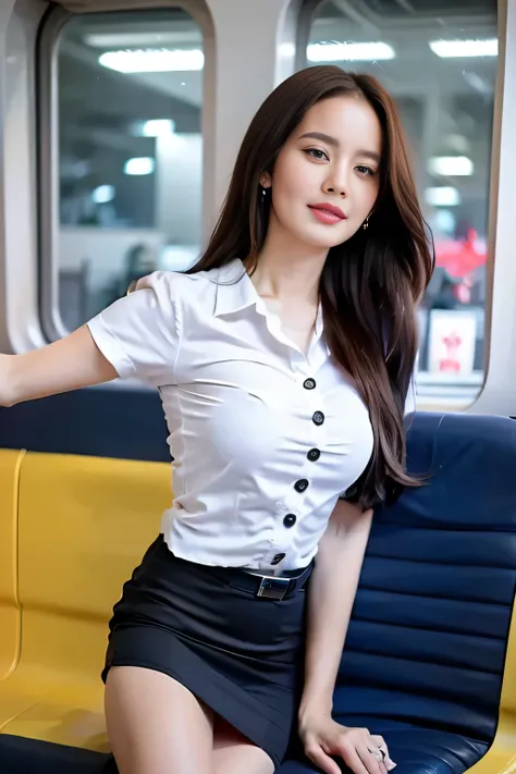 Close up,1 girl{{A beautiful woman wearing a white short-sleeved shirt and a short black pencil skirt}} , Standing in a sexy pose, on a train,( the background is a train window with yellow seats).