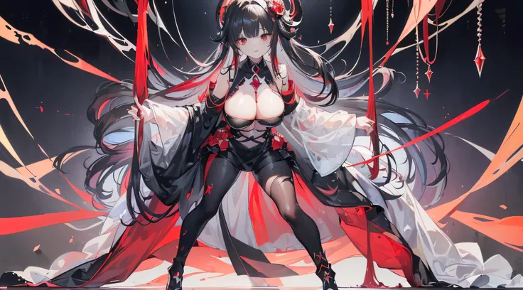 Exquisite eyes),(Clear and beautiful eyes:1.61),masterpiece, 1 young girl,(Black clothes and some red gems), Black long hair, (She has a huge red gem on her chest), Good Hand,((The Havoc of StarCraft)),full-body shot,Fighting Stance,(Red Eyes:1.466)，short ...