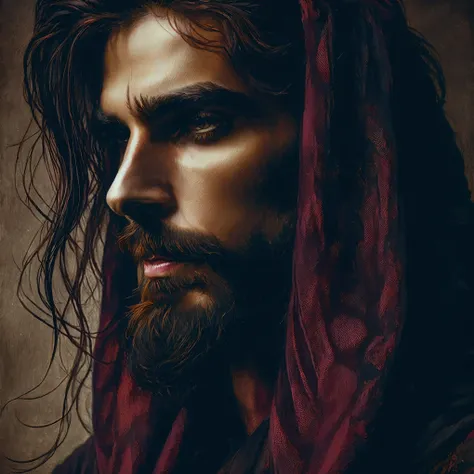 portrait of a bearded man with a scarf, handsome prince of persia, fantasy male portrait, dark red beard, portrait of jesuschris...