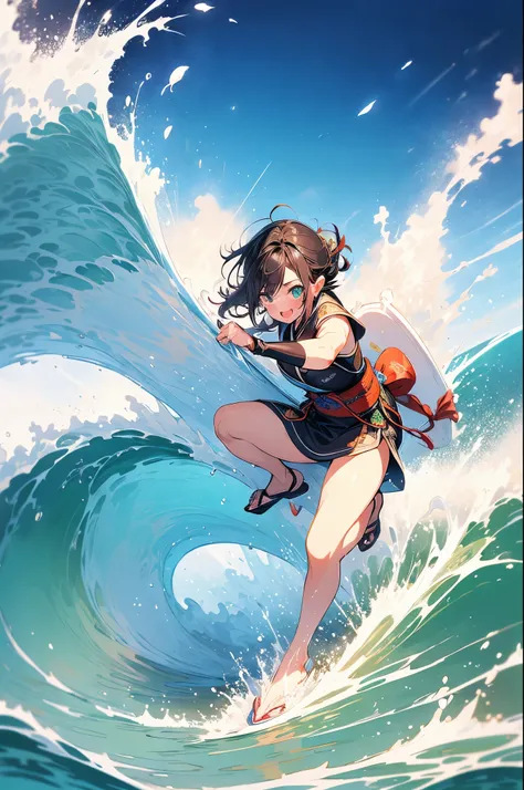 High definition,　High quality,　８ｋ、((japanese painting)), samurai elf girl, surfing, big wave, 