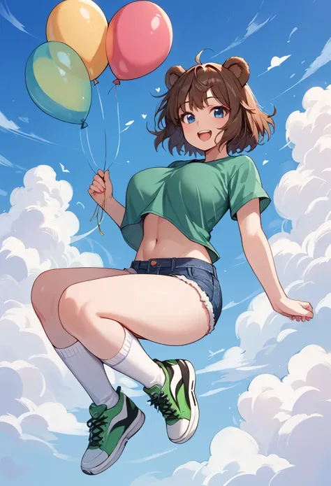 score_9_up, score_8_up, score_7_up, 1girl, solo, source_anime, hourglass figure, Big breasts, kemonomimi, bear ears, brown hair, short hair, messy_hair, blue eyes BREAK freckles, green shirt, short sleeves, navel, denim shorts, high socks, white socks, gre...