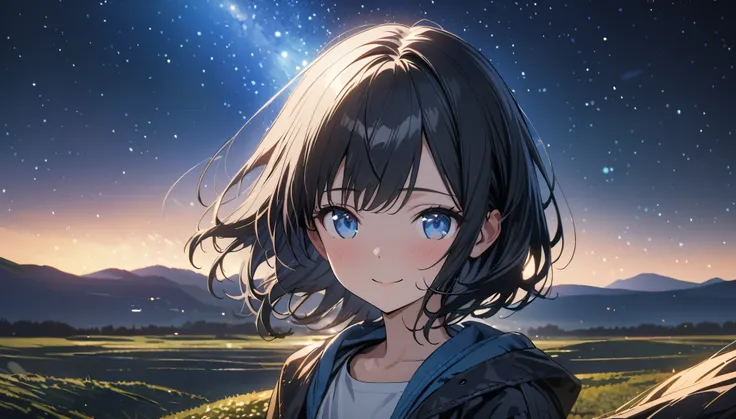 ((ultra-detailed))/(one women with short black hair and bob hair.、beautiful blue eyes,.、smile、gentle smile on her face、flat chest, one Beautiful girl,((masterpiece, illustration, best quality) ((ultra-detailed))/)Masterpiece,standing on a empty field and s...