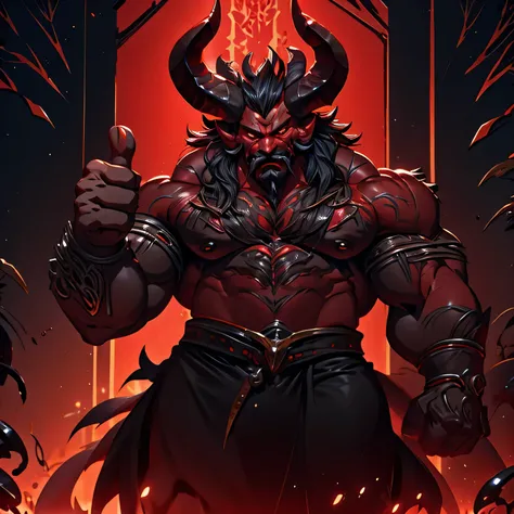 rpg daddy character, half-human demon red skin muscular, long black hair, goatee and mustache, horns pointing forward,big muscle...