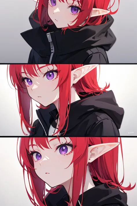 elf anime girl with red hair and purple eyes wearing a black jacket, render of a cute 3d anime girl, animated styled 3d, stylized anime, 3d realistic anime style., stylized anime, Very detailed anime, detailed anime soft face, very detailed character, made...