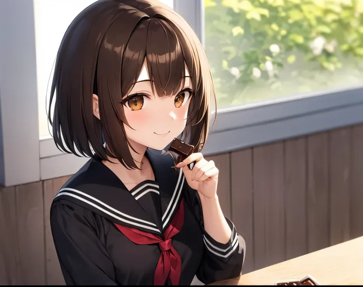 (Brown hair, brown eyes, black sailor uniform), bob hair, cute, looking happy, one girl, chocolate, alone