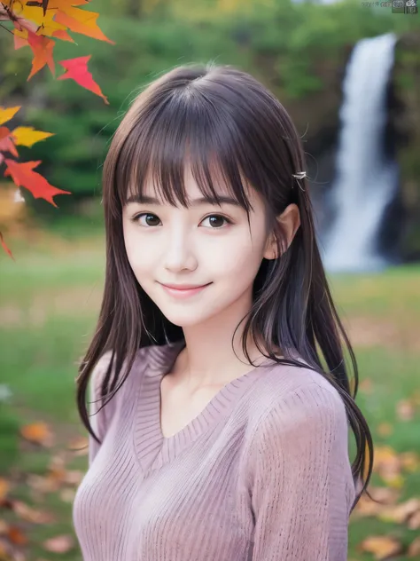 (Close up face shot of one slender small breasts half up brown long hair with bangs girl in a long sleeves shirt and sweater:1.5)、(One girl is leaning forward with happy smile on the dart road near the lake and big waterfall:1.5)、(Beautiful autumn red leav...