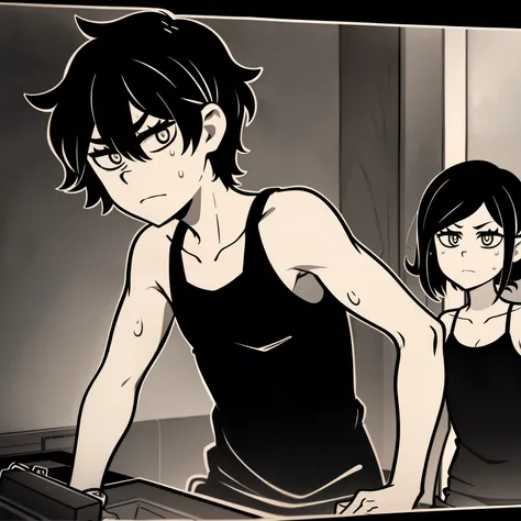 Highres, Masterpiece, Best quality at best,Best Quality,hight quality, hight detailed, Anime style, 1boy, 1girl, duo, monochrome:0.1, Andrew Graves and Ashley Graves, Tcoaal, white outline, bold outline, dark background, upper body, Slim body, bright pupil...