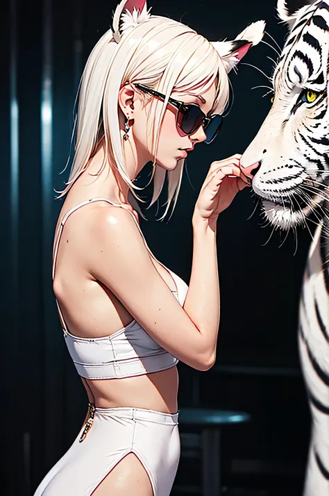 cyber punk, frank frazetta style, perfect composition, one woman, alone, white tiger theme, please raise your hand, please raise...