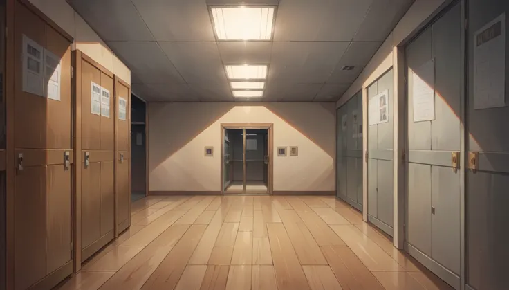 "A bright, modern school hallway with sleek, polished floors reflecting the overhead lighting. The walls are lined with large windows on one side, letting in plenty of natural light, and on the other side, rows of metallic lockers in a uniform color. The l...