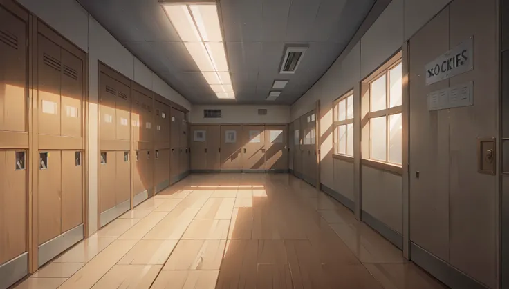 "A bright, modern school hallway with sleek, polished floors reflecting the overhead lighting. The walls are lined with large windows on one side, letting in plenty of natural light, and on the other side, rows of metallic lockers in a uniform color. The l...