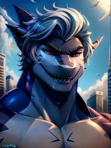 astarion, an anthro male shark, shark boy, red eyes, white shark, smiling, shark teeth, macro in miniscule city