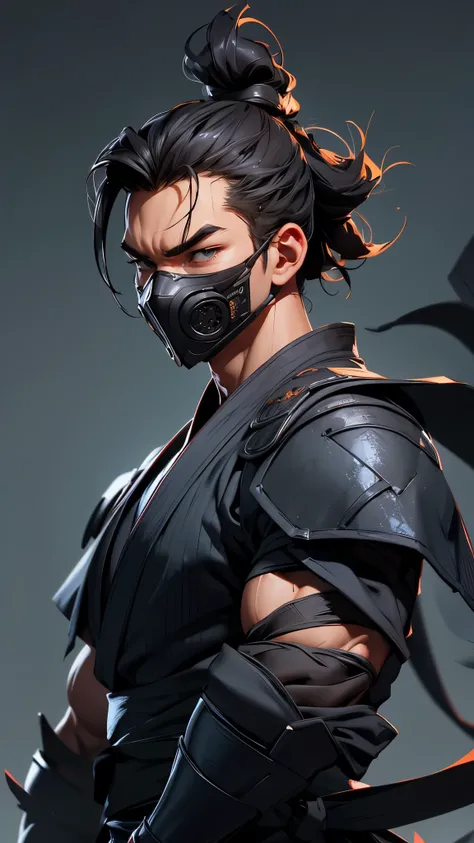 envision a 8k, highres, semi realistic cinematic full body concept art design sheet of a fierce strong faced ninja man with a slender muscular body, clean shaved, sleek black hair, and black eyes, ninja robes, ninja armor, mortal kombat ninja mask, half fa...
