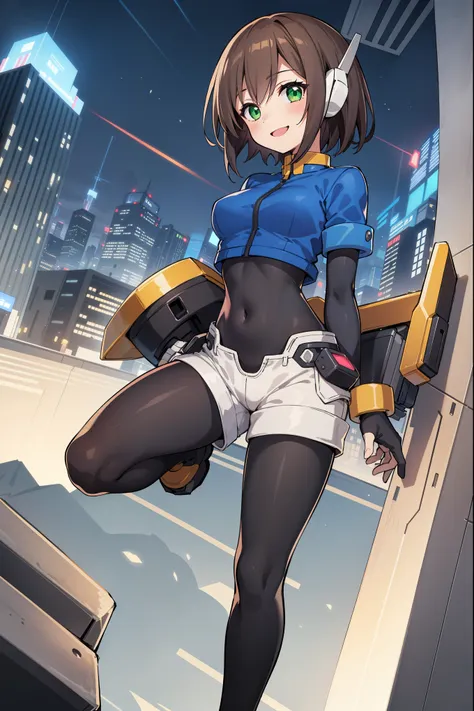 aile_megamanzx,  , 1girl, solo, short hair, brown hair, short sleeves, (bodysuit), robot ears, green eyes, short_shorts, short s...