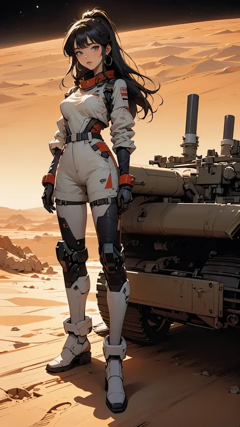 (obra de arte, melhor qualidade, Ultra-detalhado:1.3), mechgirl. The mars rover opportunity reimagined as an attractive anime woman, in mars, desert, dust. solar panels. "hybrid human-rover" mechgirl, ground view , full body