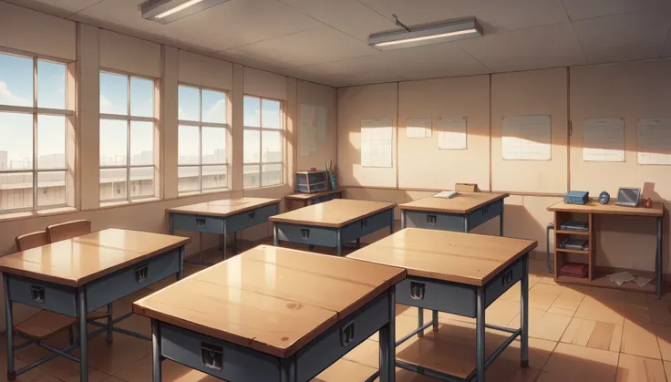 "A spacious, modern classroom with large windows along one wall, flooding the room with natural light. The walls are painted in neutral tones, and the floors are made of polished wood or sleek tiles. Desks are arranged in neat rows, each with ergonomic cha...