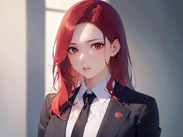 (looking away:1.5),Realistic, real person, RAW photo, photorealistic, portrait photography, shiny skin,  2 woman、(Medium Hair) and (red hair) and (red eyes), (business suit:1.5) and (white collared shirt),Suspicious, open mouth, The background is the confe...