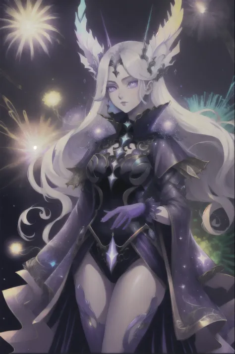 Extremamentesexy, appealing, Kizi, phantom, refined , garota phantom, Caucasian skin, purples eyes, long white hair, Purple aura around her, several small and colorful fireworks around.