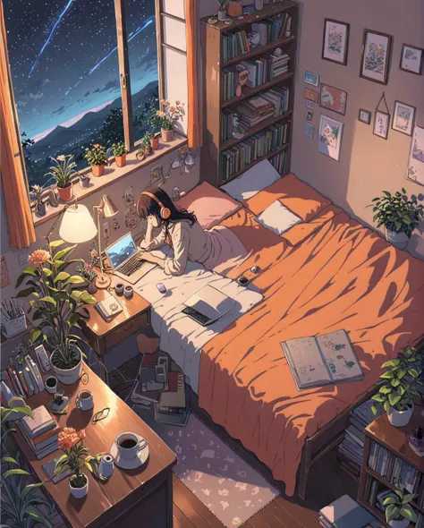 ((anime:1.4,illustration)),(masterpiece, top quality, best quality),(ultra-detailed, absolutely resolution),((16k, high res)). BREAK {lofi art, style of Laurie Greasley, style of Makoto Shinkai, anime aesthetic} BREAK {illustration of A girl is lying on he...