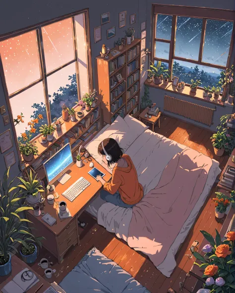 ((anime:1.4,illustration)),(masterpiece, top quality, best quality),(ultra-detailed, absolutely resolution),((16k, high res)). BREAK {lofi art, style of Laurie Greasley, style of Makoto Shinkai, anime aesthetic} BREAK {illustration of A girl is lying on he...