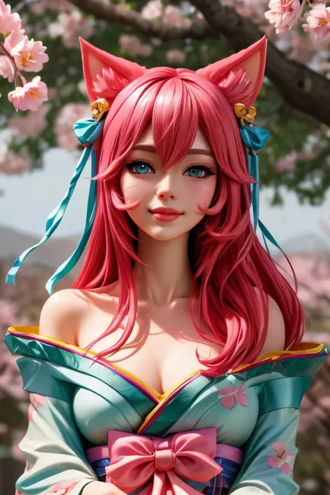 Ahri league of legends, ahri spiritual blossom, happy look, kimono, perfectbody, face detailed, high resolution, super detaill, 8k, Overview, with Japanese cherry trees 