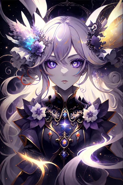 Extremamentesexy, appealing, daughter, phantom, refined , garota phantom, pele caucasiana, purples eyes, long  white hair, Purple aura around you, several small and colorful fireworks around.