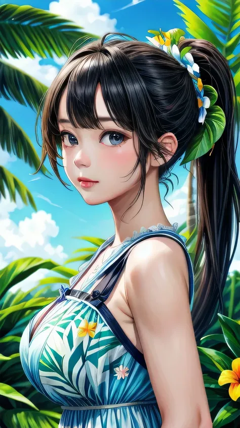 Ultra-realistic scenes, Parallel world, God-like tropical exotic plants, cult, Tropical flowers, Unusual art, Unique art, Summer blue sky background, sunlight, bright sunlight, Blender, Product Rendering, High quality 8K. 1girl, Cute 1 girl､White garter se...