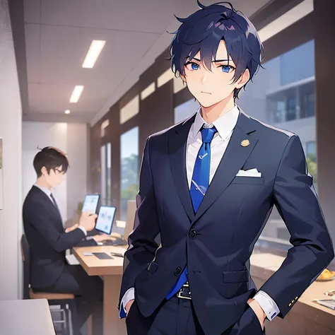 (2 male:1.5) and (Black short hair) and (blue eyes), （looking away:1.5）,shiny skin, masterpiece、Highest quality、

 (Wearing a suit:1.5) and (Blue tie)、
Serious、The background is the conference room、（alone:1.5）