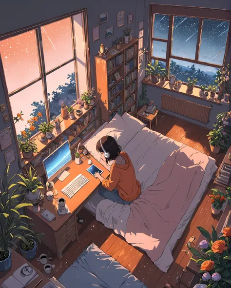 ((anime:1.4,illustration)),(masterpiece, top quality, best quality),(ultra-detailed, absolutely resolution),((16k, high res)). BREAK {lofi art, style of Laurie Greasley, style of Makoto Shinkai, anime aesthetic} BREAK {illustration of A girl is lying on he...