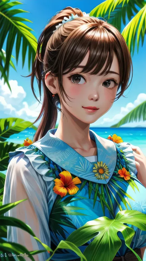 Ultra-realistic scenes, Parallel world, God-like tropical exotic plants, cult, Tropical flowers, Unusual art, Unique art, Summer blue sky background, sunlight, bright sunlight, Blender, Product Rendering, High quality 8K. 1girl, Cute 1 girl､White garter se...