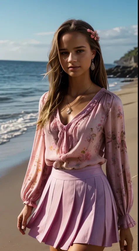 Foto hiperrealista en primer plano de Alicia Vikander, masterpiece, best quality, (photorealistic:1.4), full body, (pinkCasual Boho Floral Blouse Shirts V Neck Long Puff Sleeve Lightweight Chiffon:1.2), (pink mini mini pleated skirt), on the beach, sunny d...