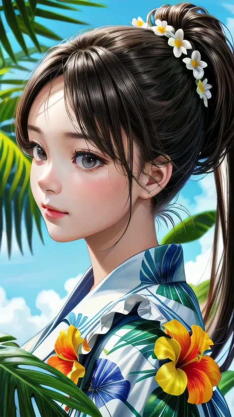 Ultra-realistic scenes, Parallel world, God-like tropical exotic plants, cult, Tropical flowers, Unusual art, Unique art, Summer blue sky background, sunlight, bright sunlight, Blender, Product Rendering, High quality 8K. 1girl, Cute 1 girl､White garter se...