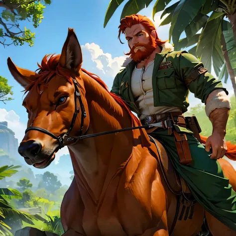 a muscular redheaded man with green eyes, beard, wearing a hunter outfit, riding a giant red wolf with white details, in the jungle, with shadows, sunny day, (best quality,4k,8k,highres,masterpiece:1.2),ultra-detailed,(realistic,photorealistic,photo-realis...