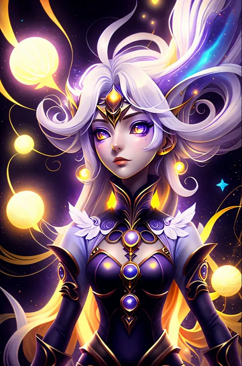 Extremamentesexy, appealing, daughter, phantom, refined , garota phantom, pele caucasiana, purples eyes, long  white hair, Purple aura around you, several small and colorful fireworks around.