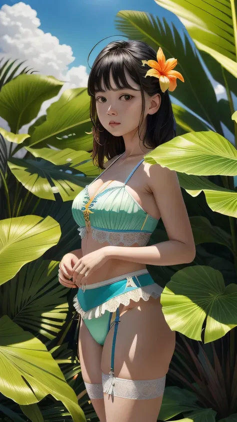 Ultra-realistic scenes, Parallel world, God-like tropical exotic plants, cult, Tropical flowers, Unusual art, Unique art, Summer blue sky background, sunlight, bright sunlight, Blender, Product Rendering, High quality 8K. 1girl, Cute 1 girl､White garter se...