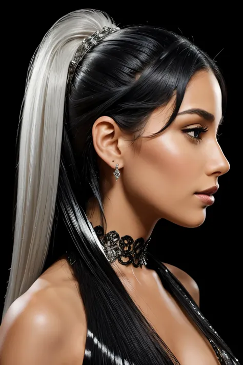 **Highly stylized and artistic image featuring a beautiful transparent woman with well-defined margins, depicted in profile against a black background. Her hair is intricately adorned with numerous shiny, silver-like locks that cascade down her back, creat...