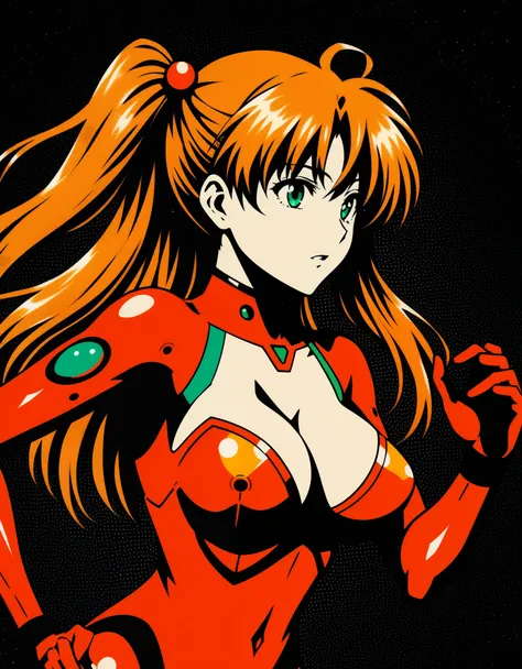 zavy-fzzgrfft, manga of Asuka Langley, dynamic lighting, dots, screentone, evangelion, cleavage, busty, 