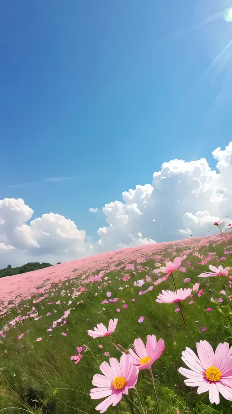 Cosmos are blooming in the field、The flower color is pink、white、green、Swaying in the wind