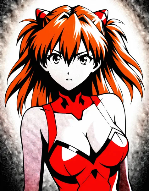 zavy-fzzgrfft, manga of Asuka Langley, dynamic lighting, dots, screentone, evangelion, cleavage, busty, 