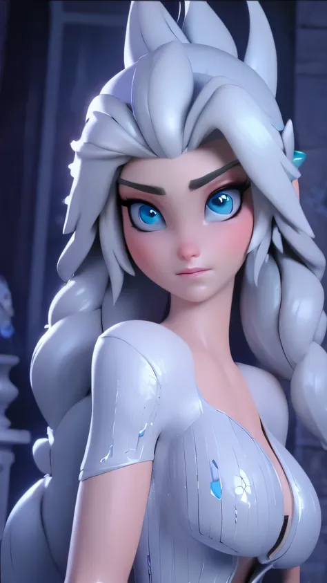 Elsa, (perky breasts), (((small breasts))), smirk:1.2, beautiful blue eyes, (perfect iris’s), depth of colour to her eyes, blonde hair, long hair, braid, full lips, blush, naked, she is showing her vagina, depth of field, bokeh, (special attention to skin ...