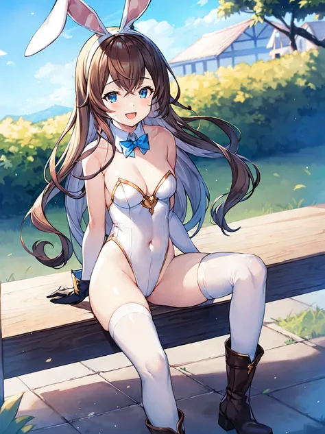 GRANBLUEfantasy,1young_teen_ girl,brown_long_curly_hair,white_leotard,covered_crotch,thigh-highs,smile,standing,bluesky_landscape_background,slightly_spread_legs,happiness, short_gloves ,solo, r18, navel,relicbuster,short,boots,open_mouth,sitting,knees,blu...