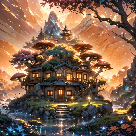 a futuristic small pod home in a beautiful japanese garden, fairytale view with dramatic mountain range, rocks plants flowers shrubs bushes trees moss lawns grass mushrooms fireflies,colourful sunset and strong sunbeams,very hazy,extreme details,photoreali...